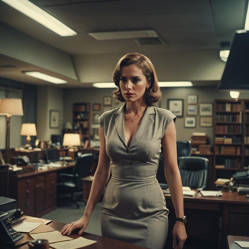 Beautiful Secretary in Tight Dress: Cinematic Film Still
