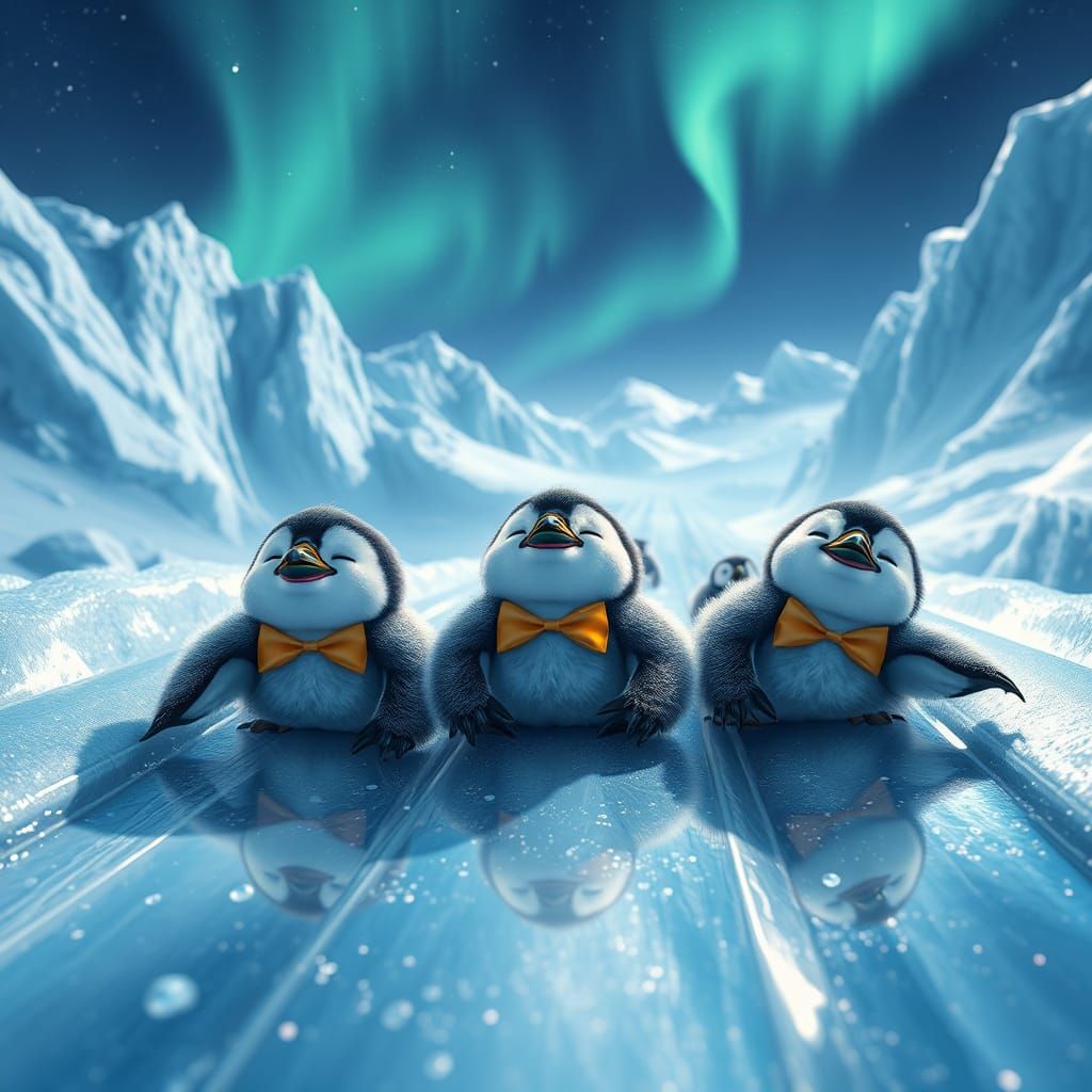 Penguins Sliding on Ice in Dreamlike Landscape