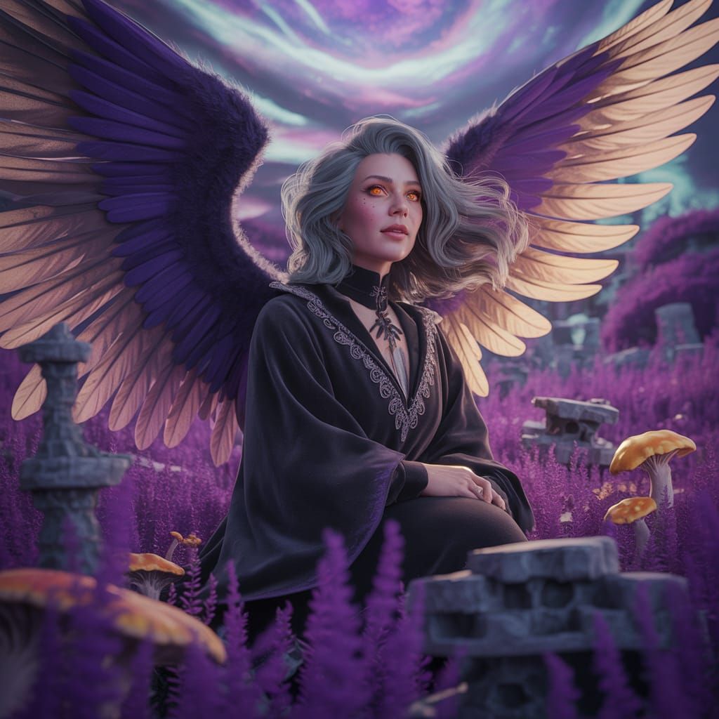 Winged Witch in Purple Sage Field with Cosmic Nebula