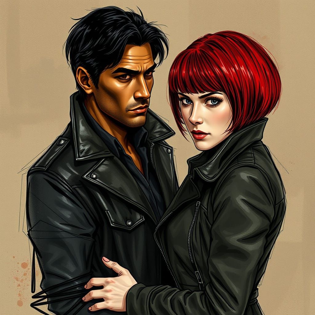 Dark Fantasy Couple in Leather Jackets, Digital Art
