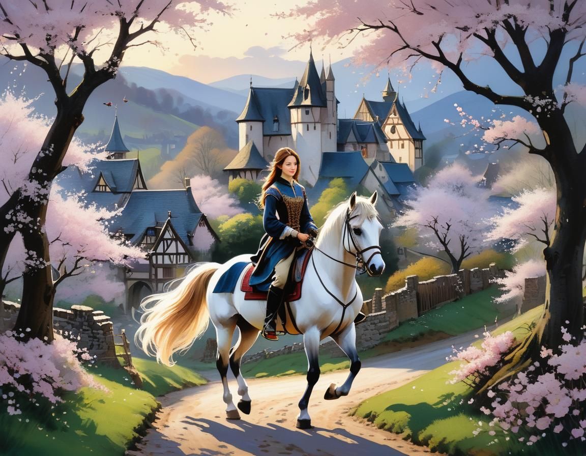 Medieval Girl on Horseback in Cherry Blossom Valley