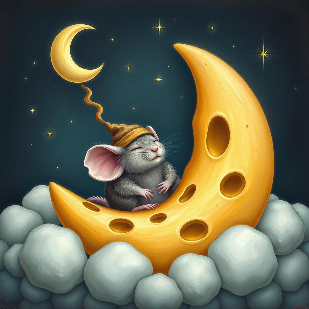 Mouse Dreams of Cheese Moon: Whimsical Surrealism