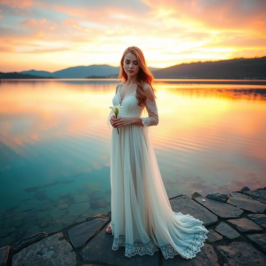 Serene Young Woman at Dusk on Tranquil Lake Shore