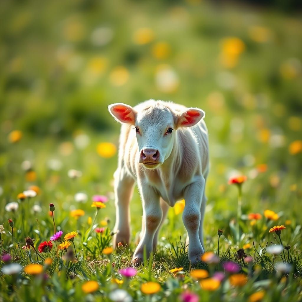 Fluffy Baby Cow in Sunlit Meadow