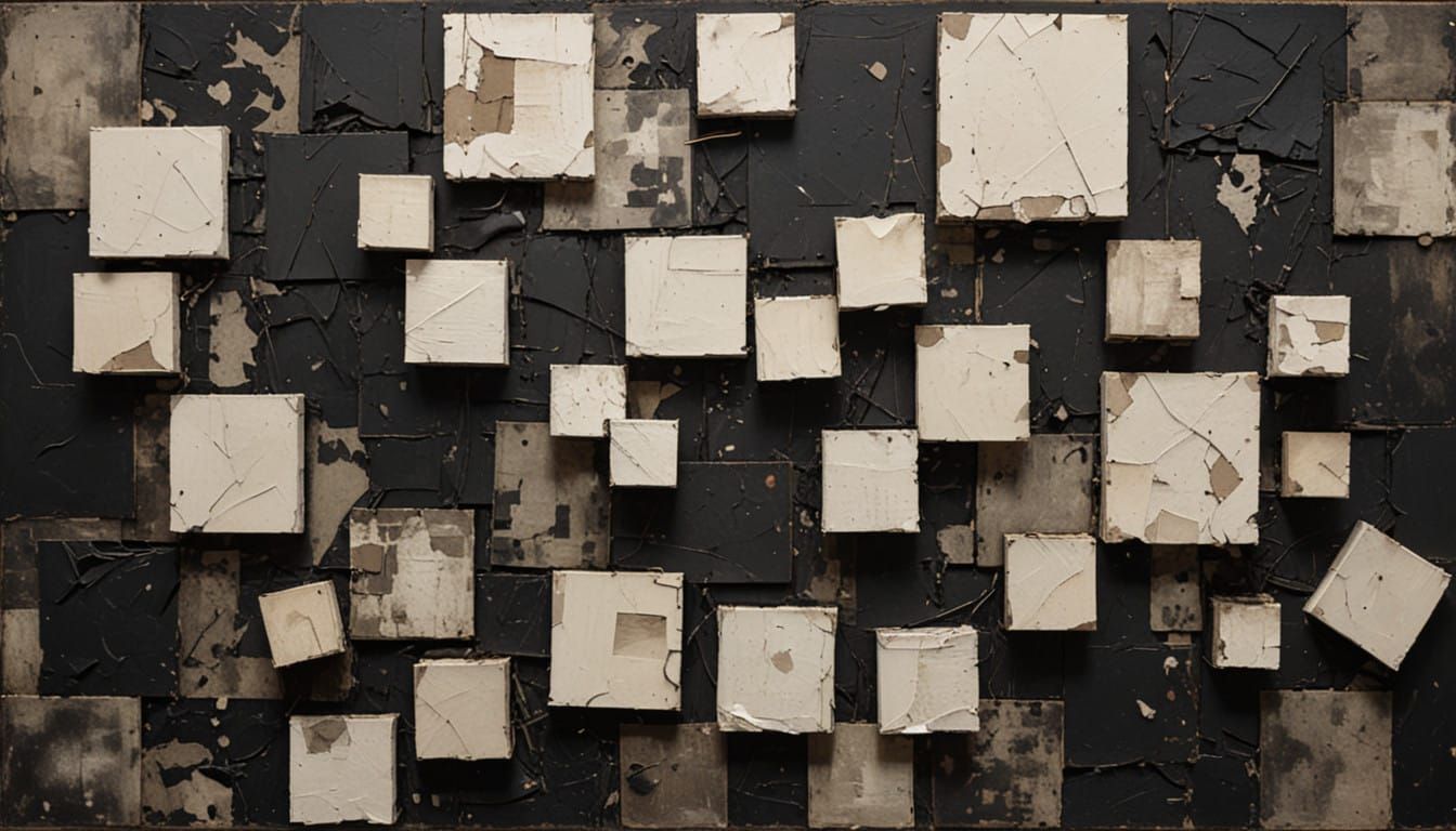 Distressed Cubist Oil Painting of Fragmented Black and White...