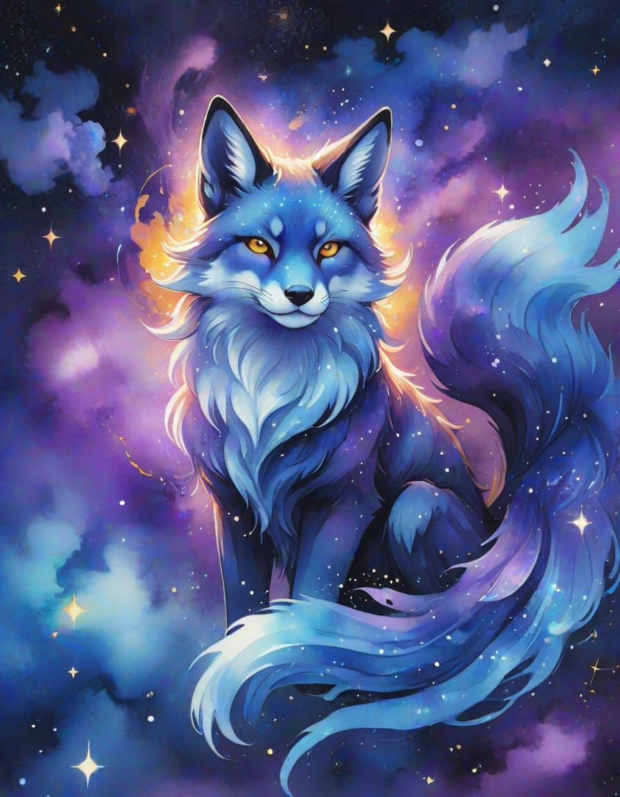 Cosmic Kitsune Emerging from Nebula as Watercolor Art
