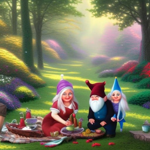 Gnome Family Picnic in Kinkade Style