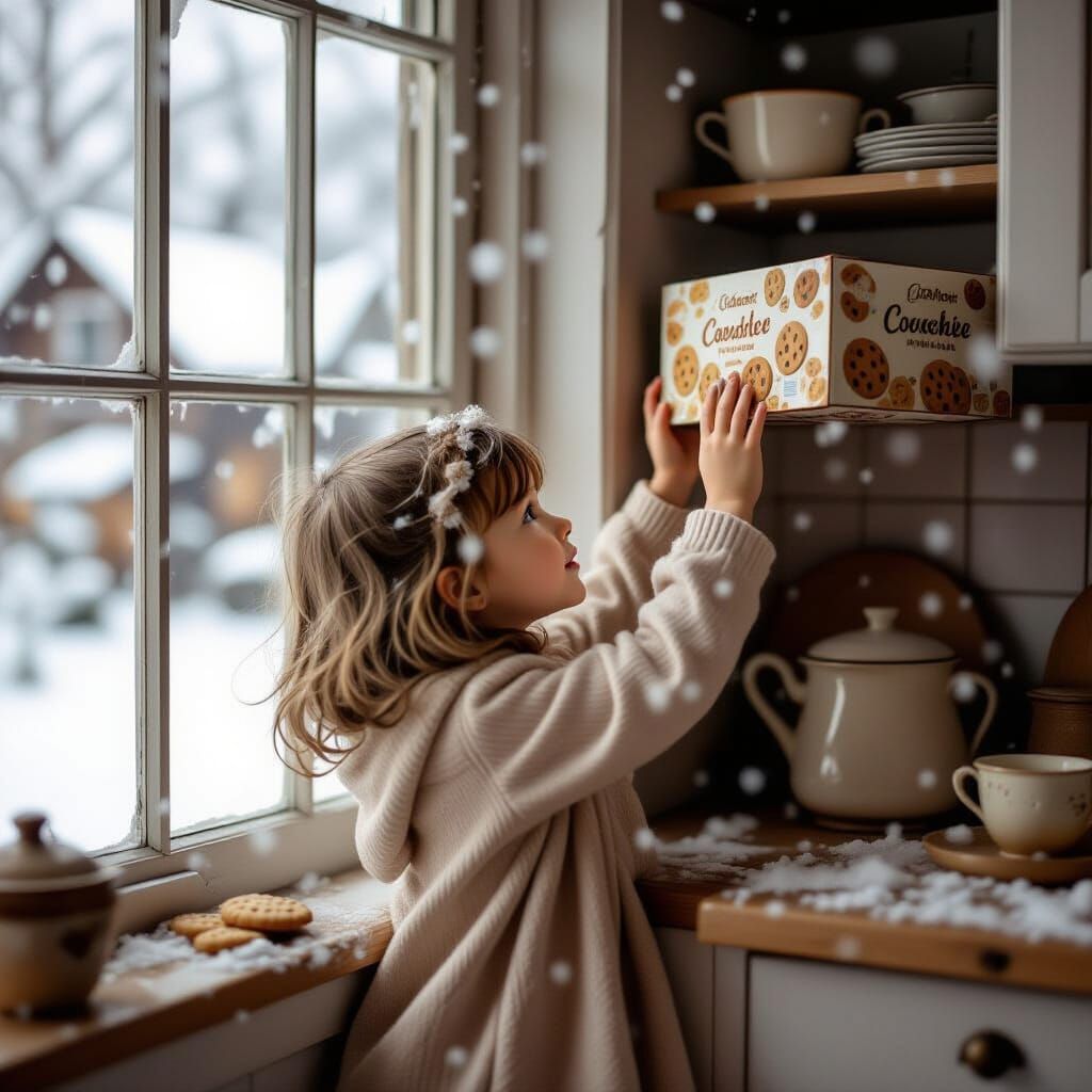 Girl Reaching for Cookies in Cozy Kitchen, Soft Pastel Style