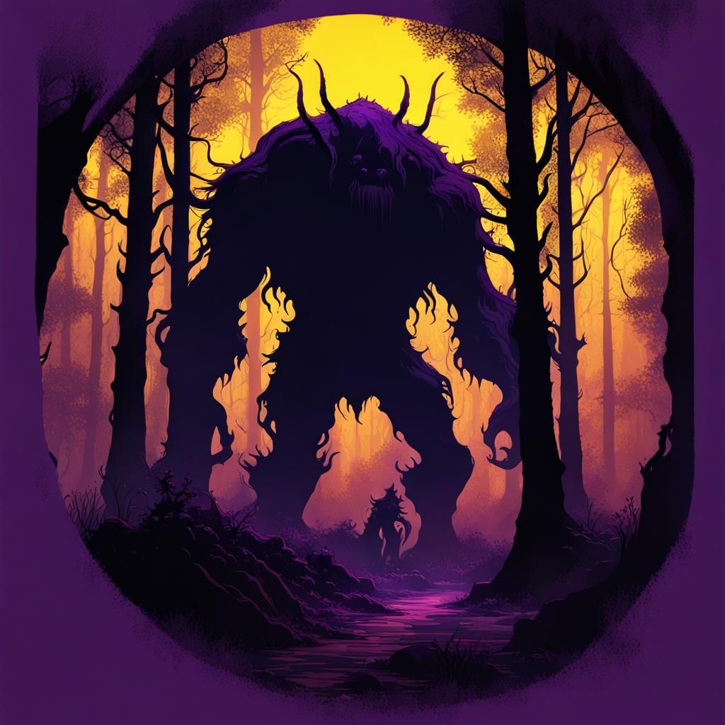 Dark Fantasy Monster Silhouette in Detailed Forest