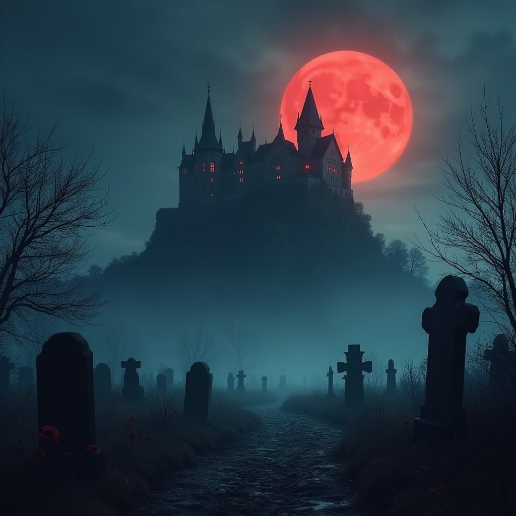 Spooky Cemetery and Horror Castle Under Blood Moon