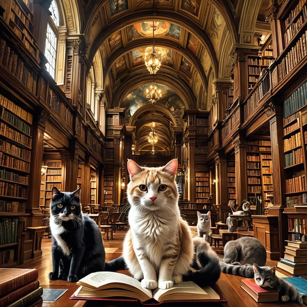 Cats in Beaux Arts Gothic Library