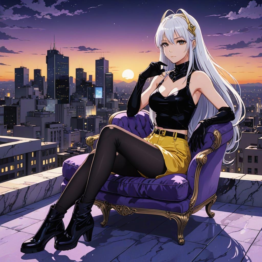 Anime Girl with White Hair on Rooftop, City View
