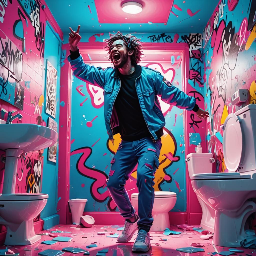 Playful Street Art: Dancer in Neon Bathroom
