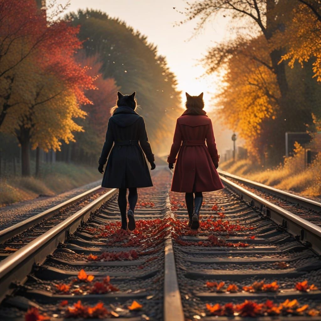 Golden Sunset Serenity on Railroad Tracks with Falling Leave...