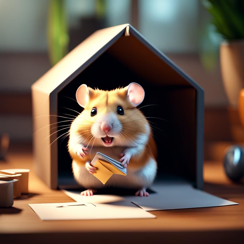 Hamster Opening Envelope in 3D Game Style