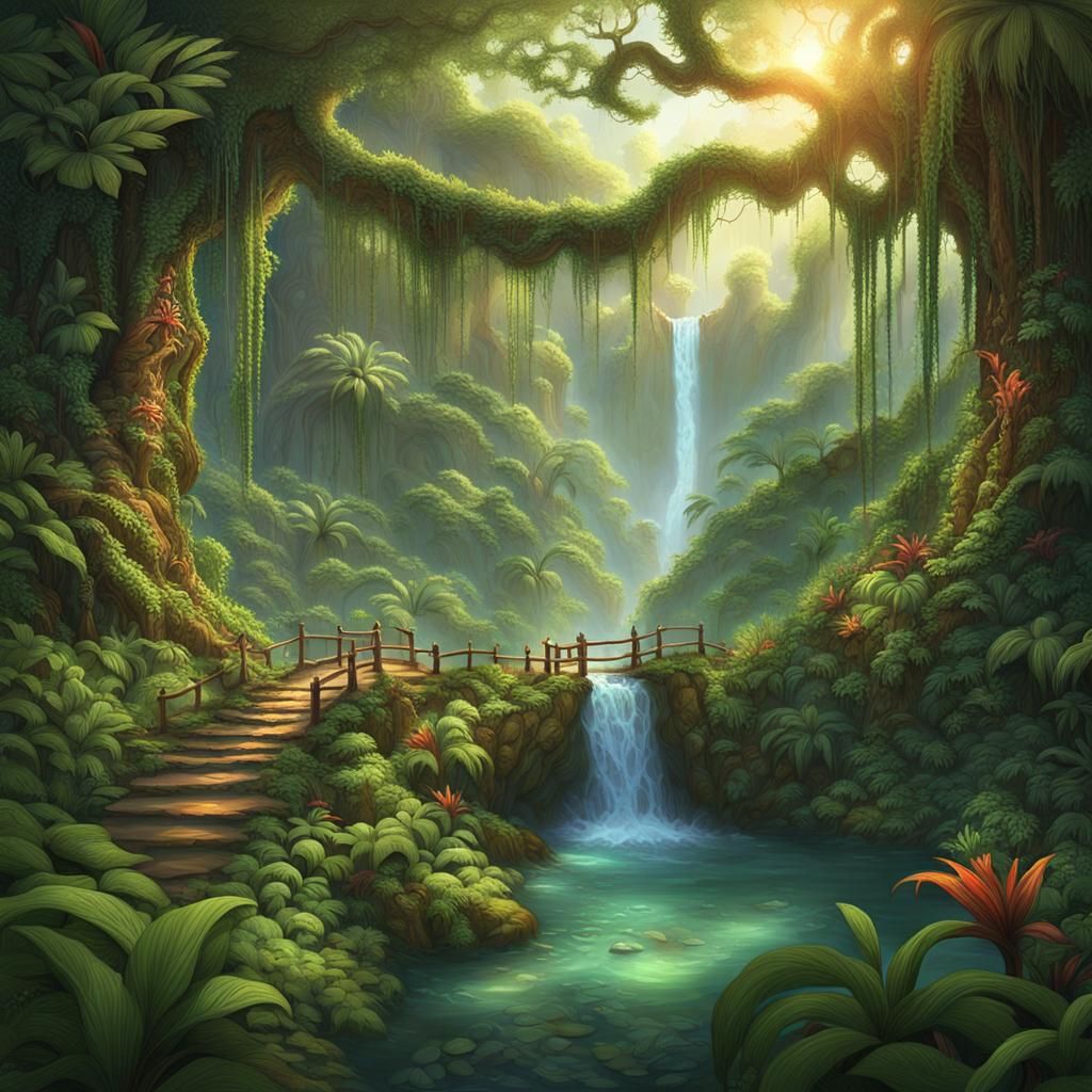 Lush Tropical Rainforest Landscape with Waterfall