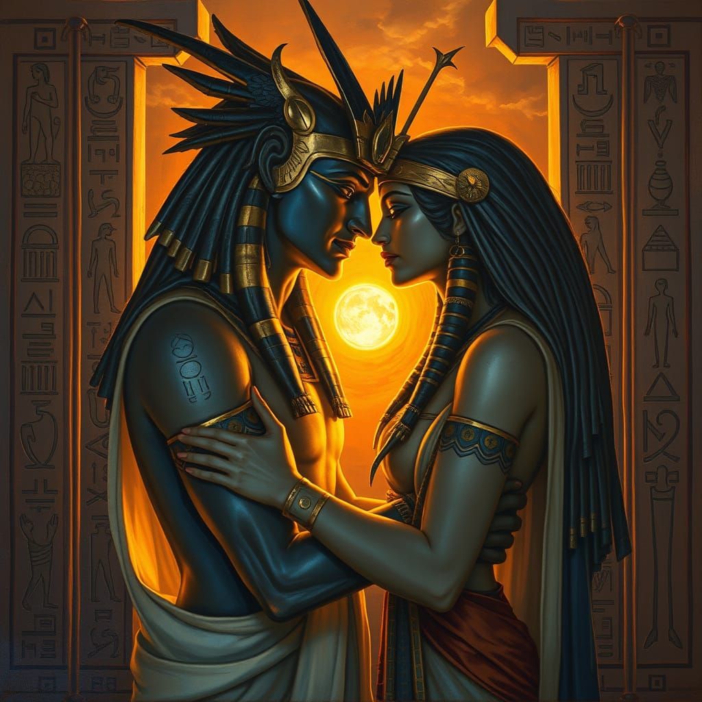 Osiris and Isis Embraced in Ancient Egyptian Oil Painting