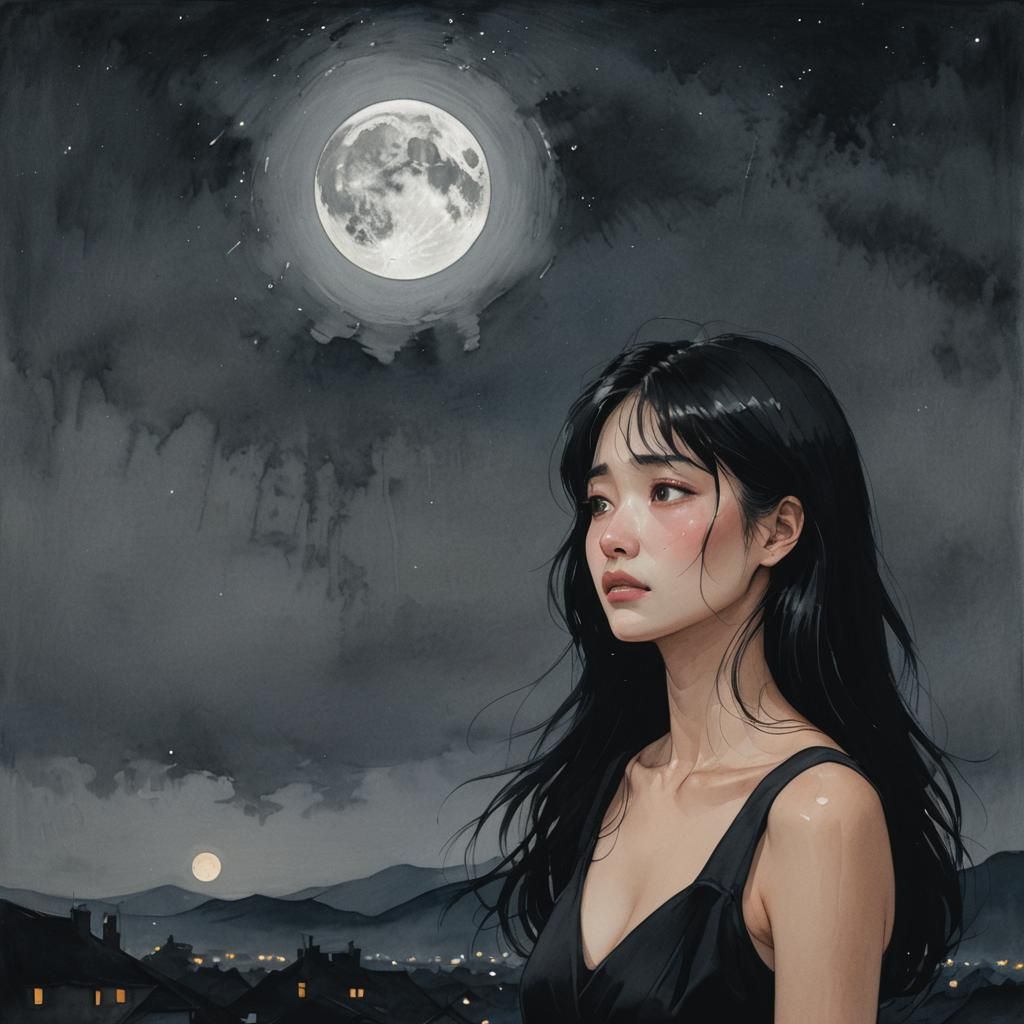 Woman Crying Under Moonlight in Black Dress