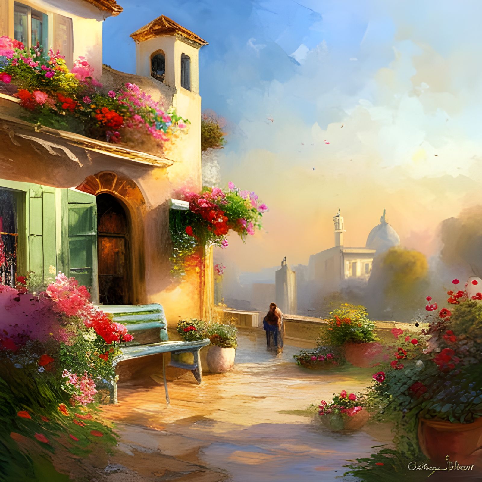 Rose Garden Bench in Atmospheric Impressionist Style