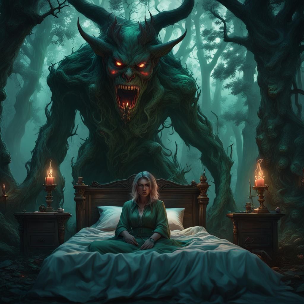 Emerald Girl in Haunted Forest with Demon: Detailed Matte Pa...