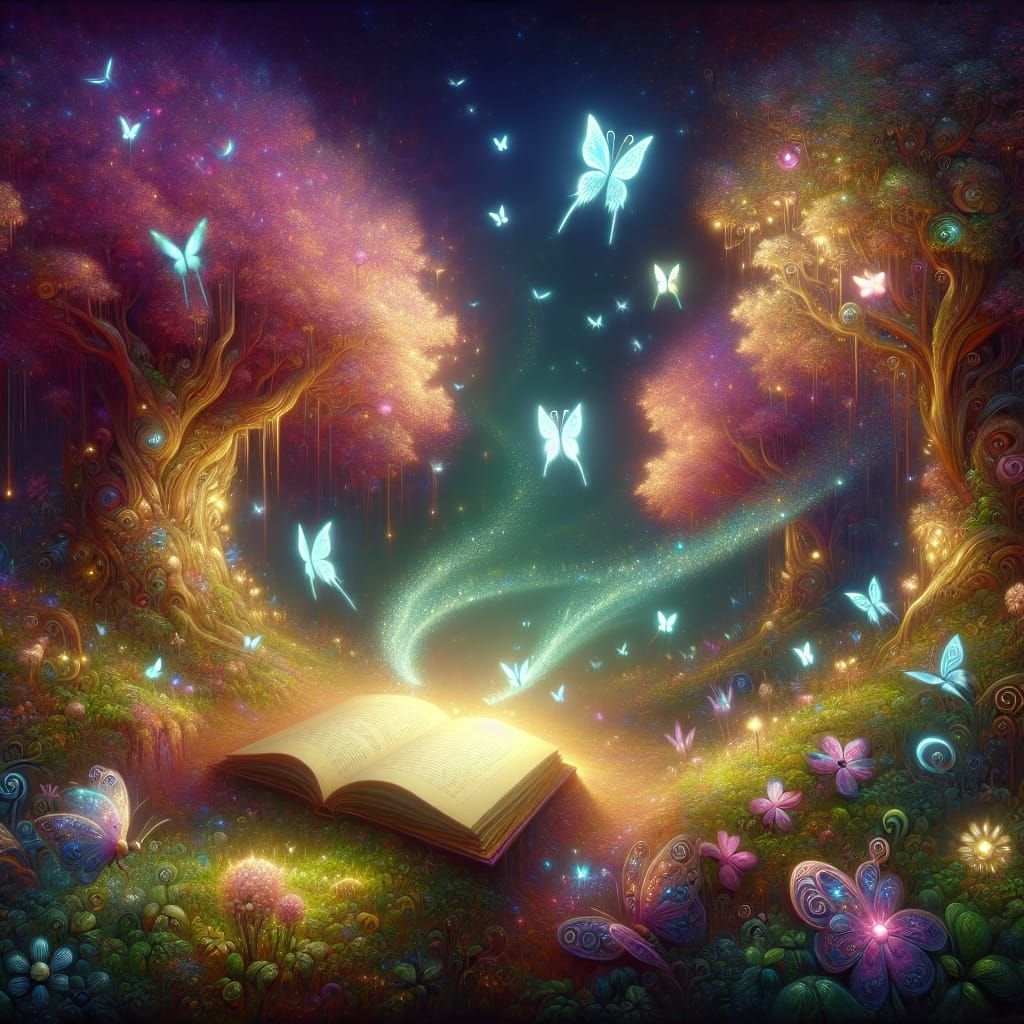 Radiant Enchanted Forest with Magic Book