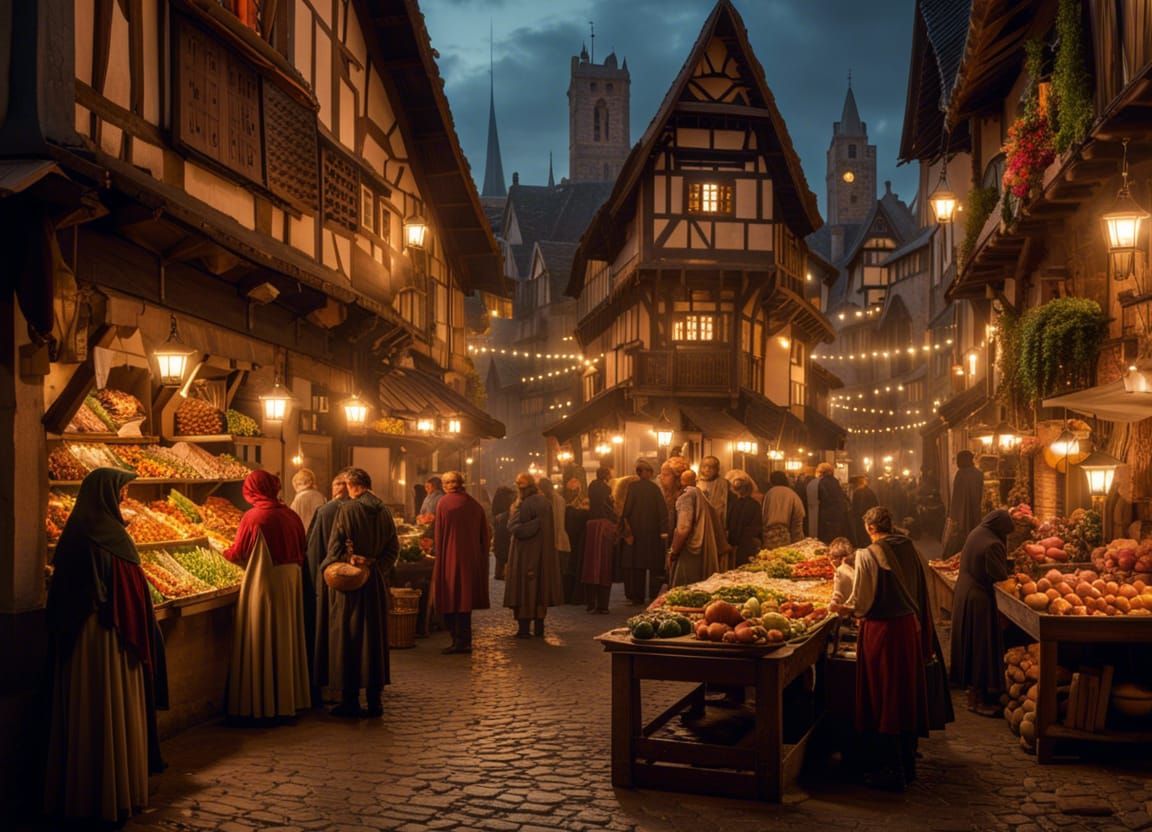 Detailed Medieval Market at Night, Digital Art