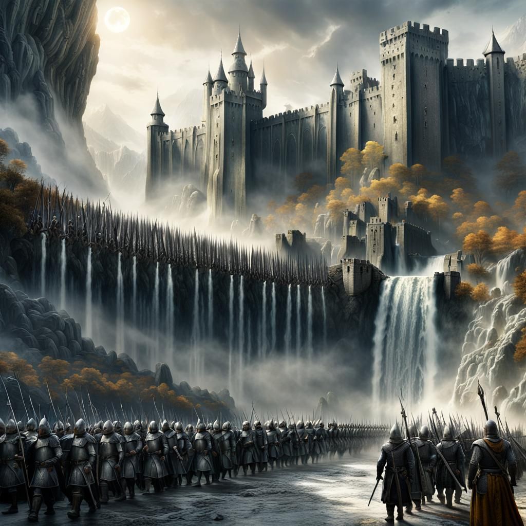 Gondorian Soldiers Marching to Fortress in Fantasy Art