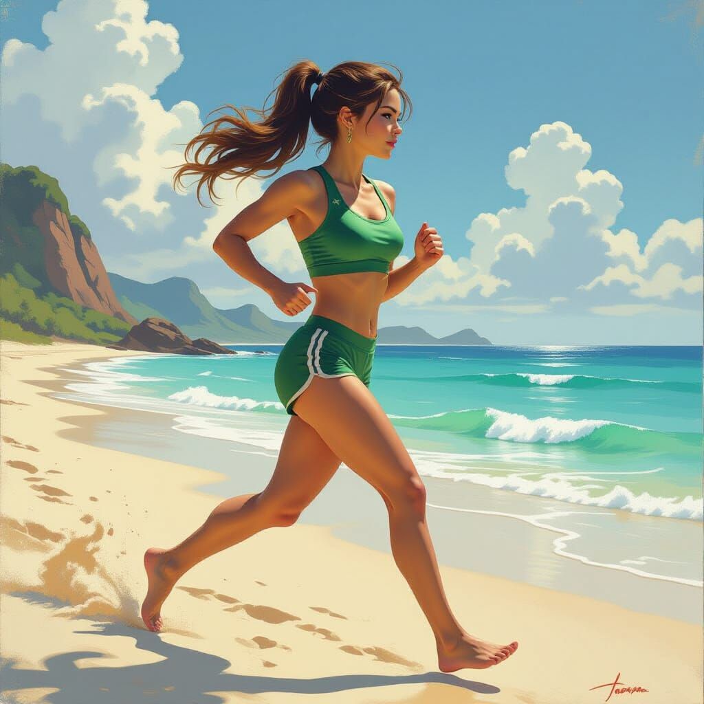 Elf Jogging on Serene Beach in Fantasy Oil Painting Style