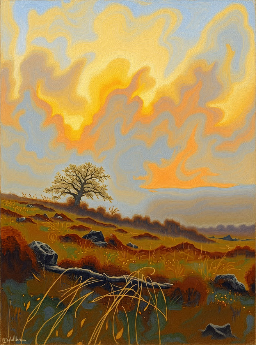 Romantic Autumn Dawn Pastel Drawing on Moorland