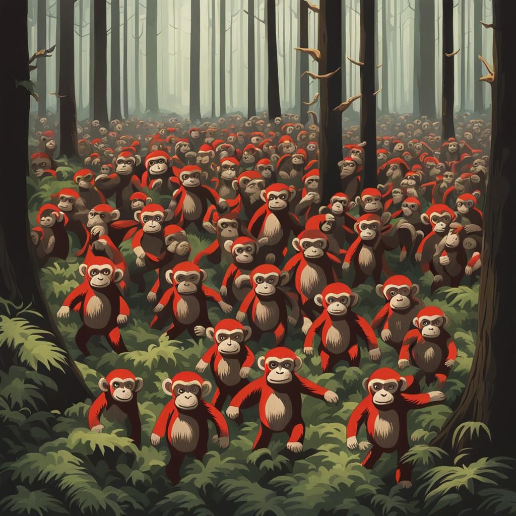 Sinister Stuffed Monkey Army Marches in Forest