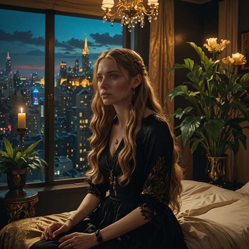 Gothic Woman Praying in Cyberpunk Cityscape