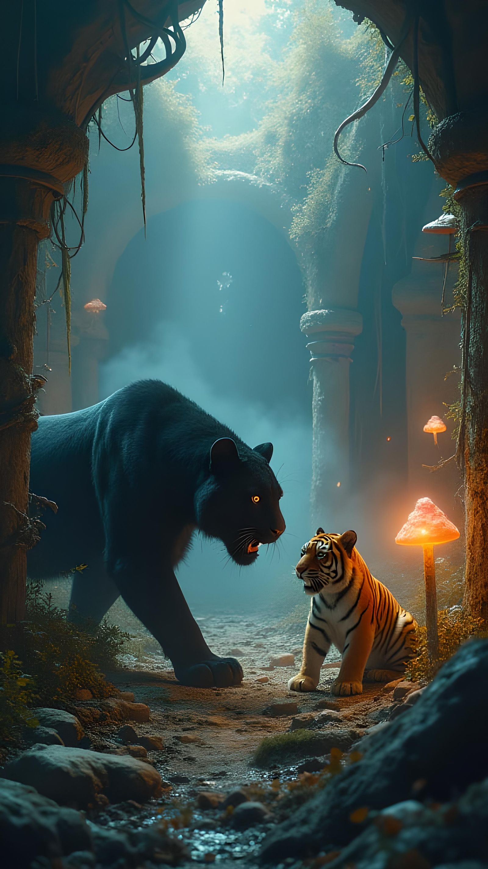Fierce Black Cat vs Baby Tiger: Detailed Matte Painting