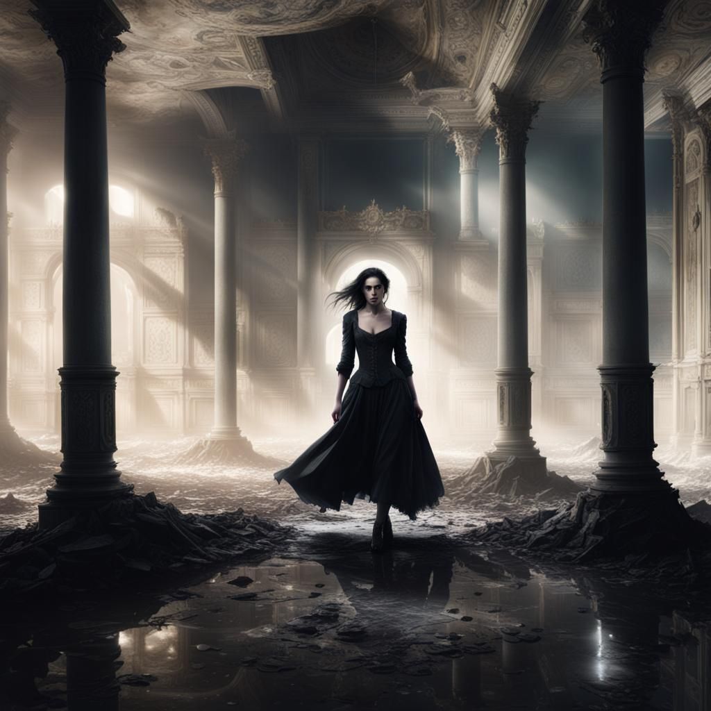 Woman in Abandoned Ballroom: Dramatic Digital Painting