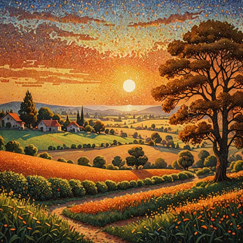 Pointillist Sunset Landscape in Seurat Style
