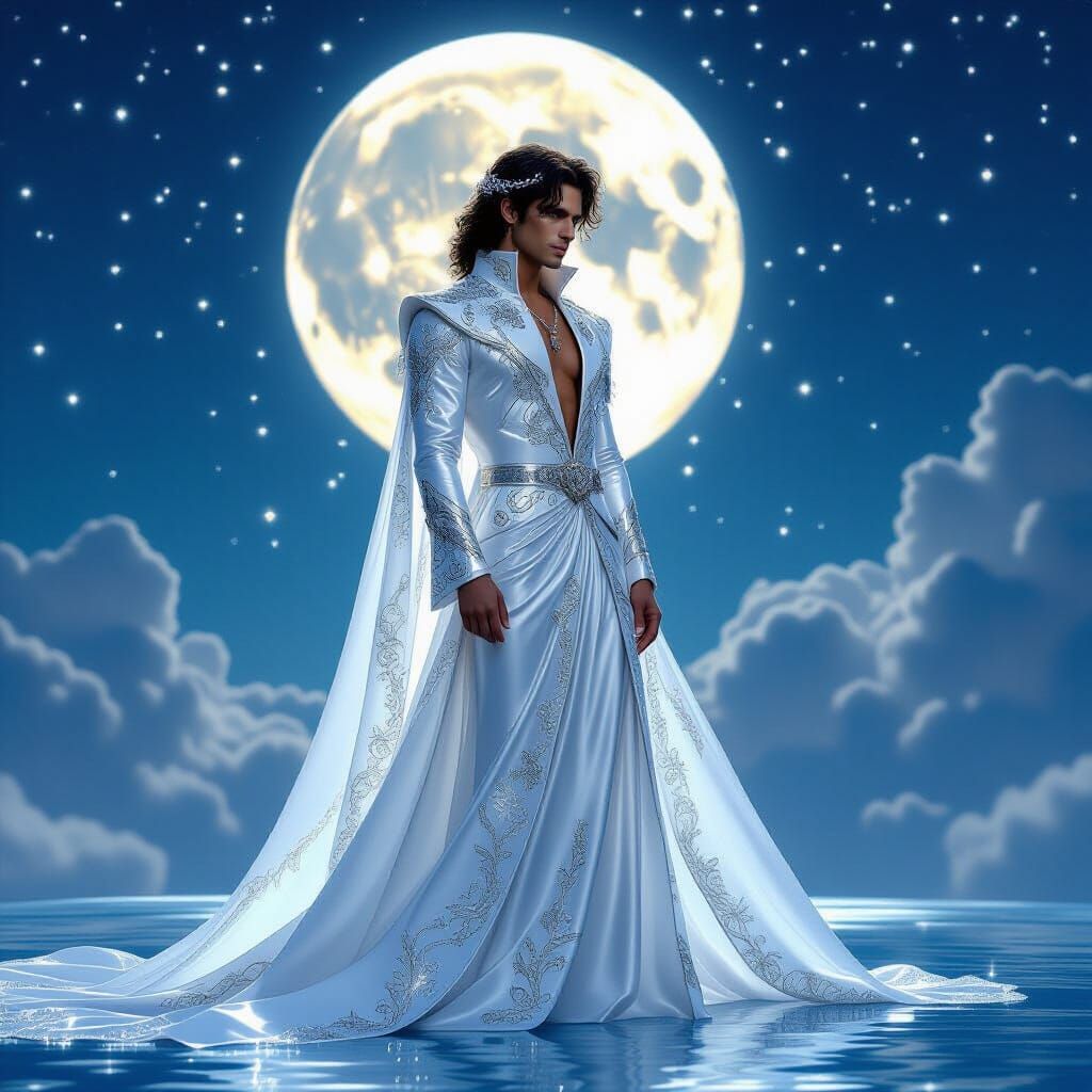 Prince in Silver Gown Under Moonlit Sky
