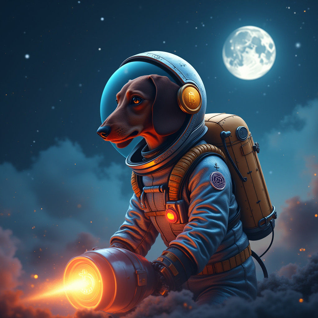 Dachshund in Spacesuit on Bitcoin Rocket to Moon