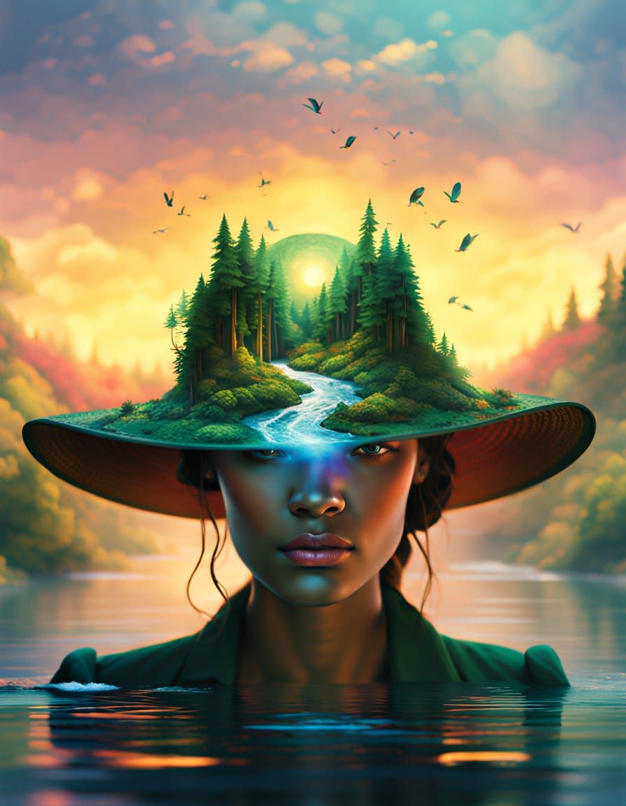 Fantasy Movie Poster: Woman Wearing Forest River Hat