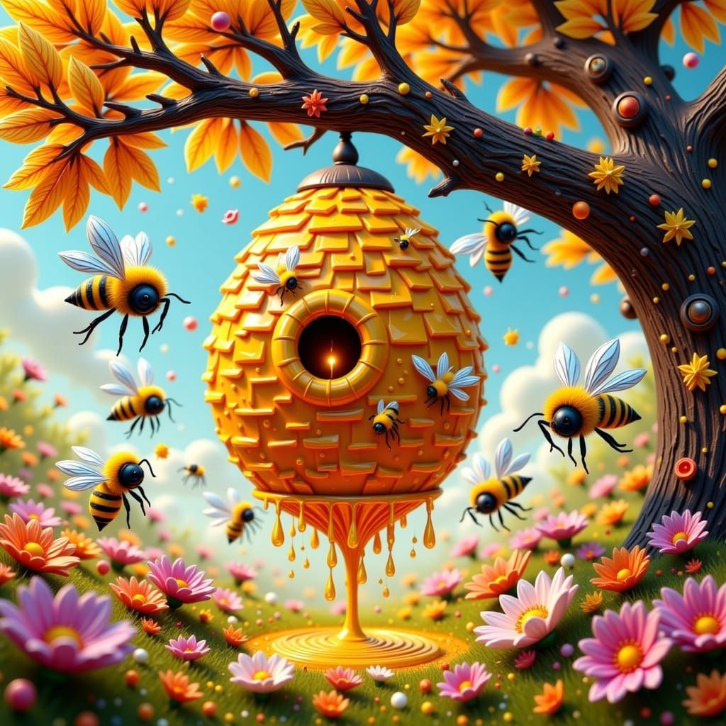 Vibrant Whimsical Scene with Crystalized Honey Bees in a Fan...