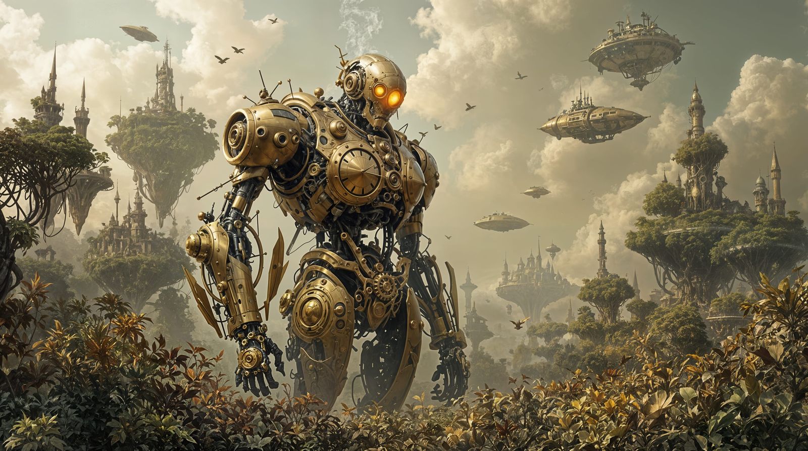 Majestic Clockwork Golem in a Steampunk Garden