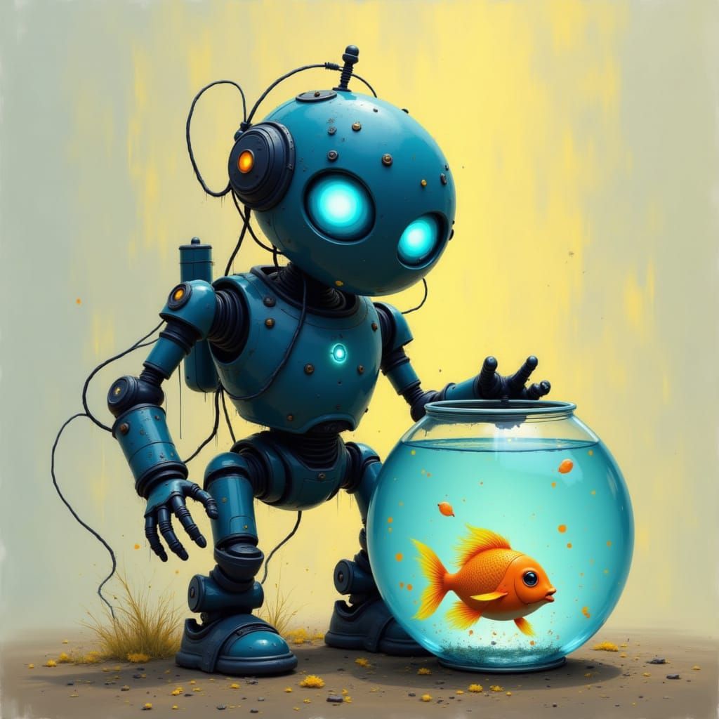 Cute Robot Holding a Fishbowl