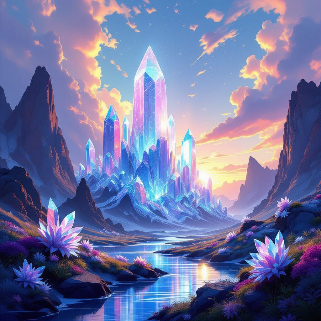 Fantastical Crystal Landscape Under Alien Sky