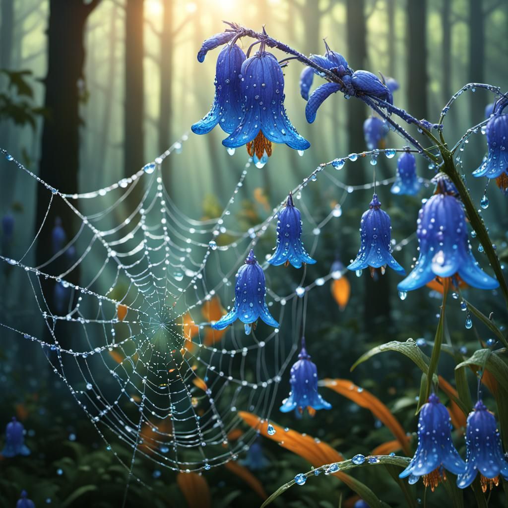 Dew-Kissed Web Among Bluebells: Hyperdetailed Forest Art