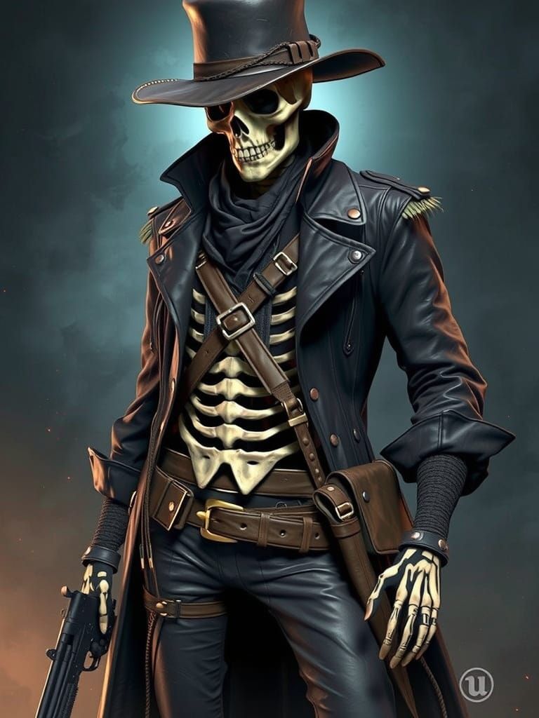 Skeletal Cowboy with Revolver in Gothic Style