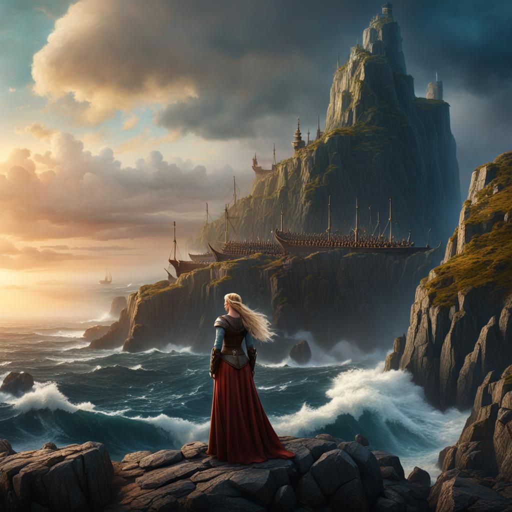A Viking princess maiden standing on top of a high rock watc...