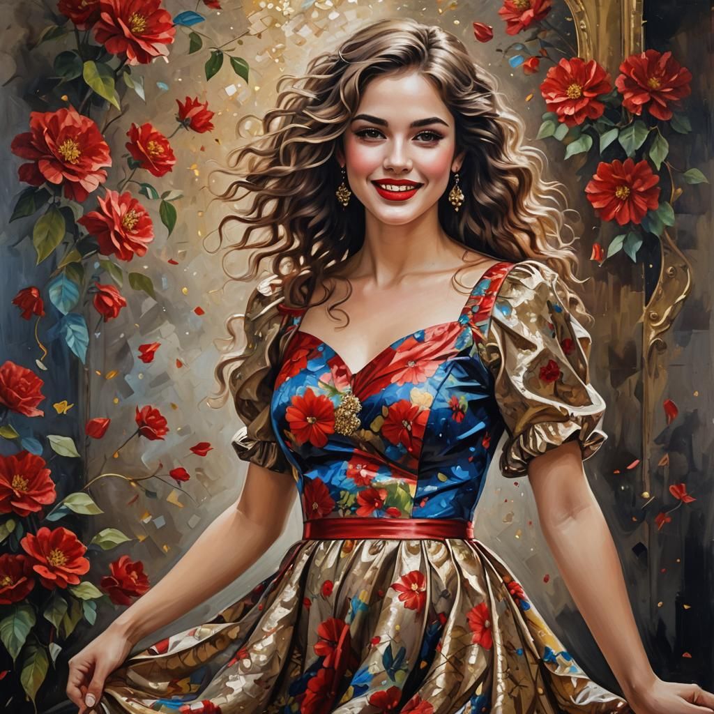 Beautiful Woman with Floral Dress in Vivid Colors