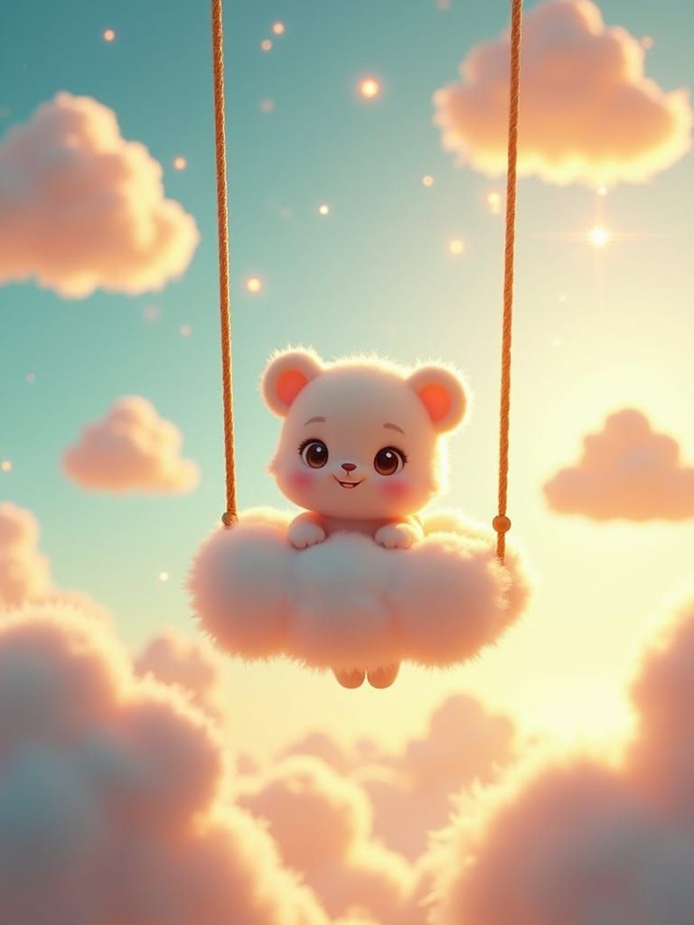 Pixar-Style Chibi Characters on Cloud Swings in Golden Light