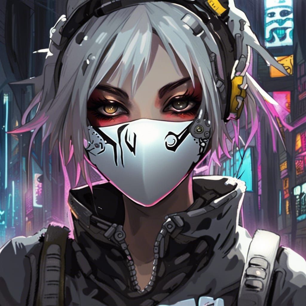 Cyberpunk Girl with Silver Eyes and Masked Face