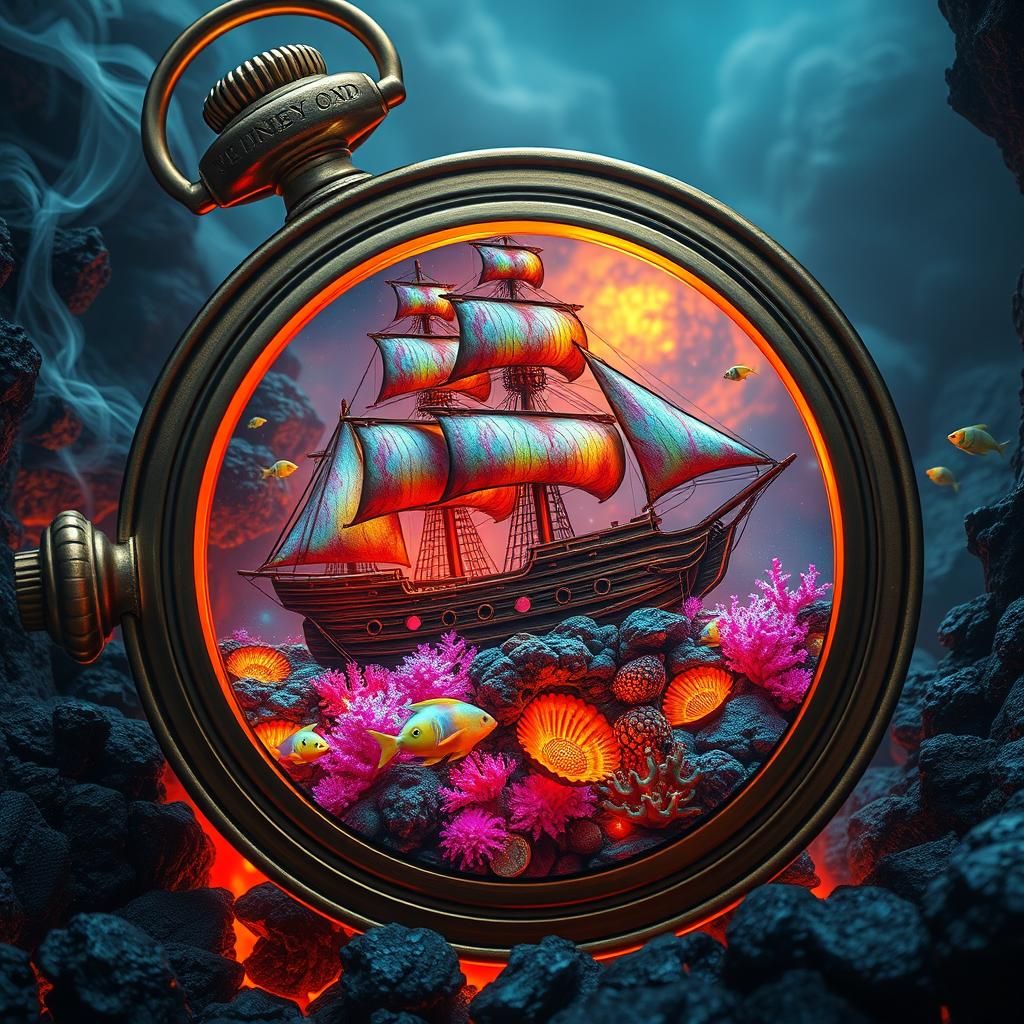 Surreal Sunken Shipwreck Inside Golden Pocket Watch