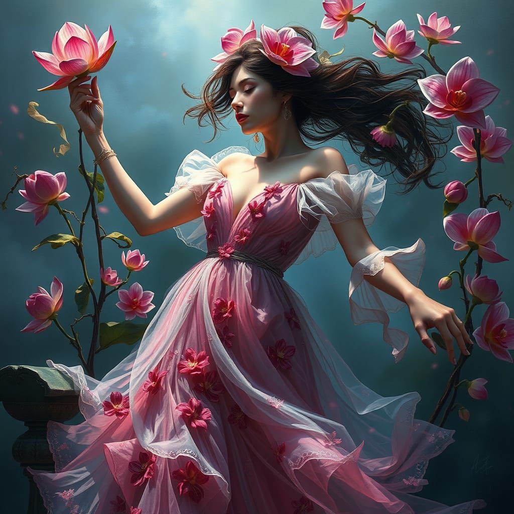 Rebellious Woman Dancing in Flowers: Luminism Style