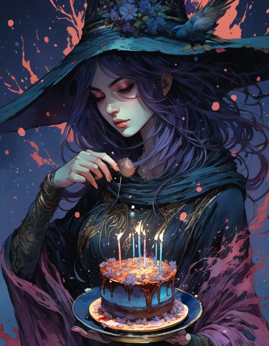 Anime Witch Goddess Celebrates Birthday in Watercolor